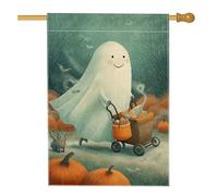 Drapeau de jardin fantôme d'Halloween, esprit amical vert avec chariot de citrouille, bannière de décoration d'intérieur, drapeau double face en toile de jute, décoration de pelouse extérieure, 71,1 x
