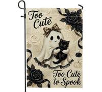 Drapeau de jardin fantôme, élégant chat roses Halloween double face en toile de jute petit drapeau de jardin pour extérieur, terrasse, pelouse, porche, entrée, camping 30,5 x 45,7 cm
