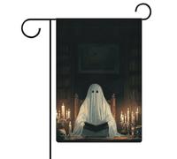 Drapeau de jardin fantôme lisant dans la bibliothèque en toile de jute double face 30,5 x 45,7 cm