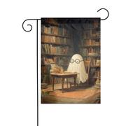 Drapeau de jardin fantôme portant des lunettes lisant dans la bibliothèque 30 x 45 cm vertical double face ferme vacances décorations extérieures drapeau de cour