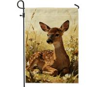 Drapeau de jardin faon, fleurs rustiques, herbe de printemps, marron, double face, petit drapeau de jardin pour extérieur, pelouse, porche, terrasse, entrée, 30,5 x 45,7 cm