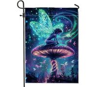 Drapeau de jardin féérique champignon magique, décoration lumineuse bleu vif pour printemps été, décoration de pelouse extérieure double face, thème jardin enchanté, 30,5 x 45,7 cm