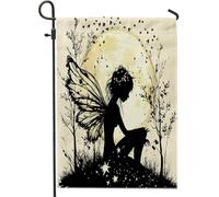 Drapeau de jardin féérique, décoration au clair de lune noir, bannière extérieure en toile de jute double face, décoration de cour enchantée pour Halloween et automne, 30,5 x 45,7 cm