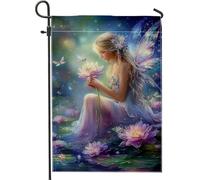 Drapeau de jardin féérique, décoration florale colorée pour printemps, bannière double face pour décoration de pelouse extérieure, drapeau de cour de style enchanté pour la maison, 30,5 x 45,7 cm