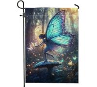 Drapeau de jardin féérique enchanté, papillon bleu sarcelle et créatures magiques, drapeaux de décoration d'intérieur, drapeau double face en toile de jute, décoration extérieure saisonnière 30,5 x