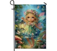 Drapeau de jardin féérique, enfant enchanté bleu avec lanterne, bannière de décoration d'intérieur, drapeau de cour en toile de jute, décoration de pelouse extérieure pour fêtes de printemps et d'été