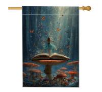 Drapeau de jardin féérique fantaisie, décoration champignon papillon bleu, bannière d'extérieur enchantée pour fête de printemps et d'été, drapeau de cour double face, 71 x 101 cm
