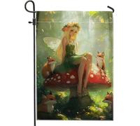 Drapeau de jardin féérique, motif champignon enchanté vert et renard, décoration extérieure printemps-été, drapeau décoratif double face en toile de jute pour pelouse et jardin, décoration sur le