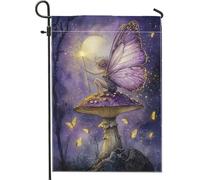 Drapeau de jardin féérique, papillon enchanté violet, champignon pour décoration extérieure, drapeau de jardin double face en toile de jute pour le printemps et l'été, décoration de la maison, 30,5 x