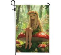 Drapeau de jardin féérique vert féérique assis sur un drapeau de cour champignon, décoration extérieure double face pour les célébrations de printemps et d'été, décoration de pelouse nature enchantée