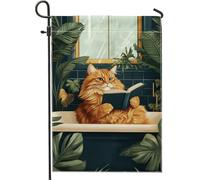Drapeau de jardin félin d'automne lisant, chat orange avec livre, décoration d'intérieur, bannière de jardin, drapeau de cour double face en toile de jute, décoration de pelouse extérieure de vacances
