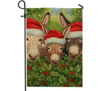 Drapeau de jardin festif, ânes rouges dans un chapeau de Père Noël, décoration extérieure, bannière double face en toile de jute pour décoration de pelouse de Noël, 30,5 x 45,7 cm