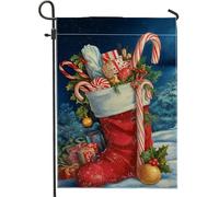Drapeau de jardin festif, chaussette de Noël rouge avec cadeaux et sucre d'orge, décoration extérieure, bannière double face en toile de jute pour décoration de pelouse d'hiver, 30,5 x 45,7 cm