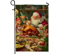 Drapeau de jardin festif de Noël, Père Noël rouge avec elfes, bannière de décoration de vacances, drapeau double face en toile de jute pour décoration de pelouse extérieure, 30,5 x 45,7 cm