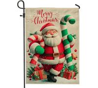 Drapeau de jardin festif de Noël, Père Noël rouge avec sucre d'orge, décoration extérieure, bannière double face en toile de jute pour décoration de pelouse de vacances, 30,5 x 45,7 cm