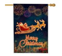 Drapeau de jardin festif de Noël, traîneau du Père Noël coloré et renne, bannière double face en toile de jute pour décoration de pelouse, 71 x 101,6 cm