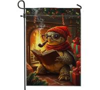 Drapeau de jardin festif tortue d'hiver, chapeau rouge et écharpe décoration de vacances, drapeau double face en toile de jute pour décoration de maison et de pelouse, 30,5 x 45,7 cm