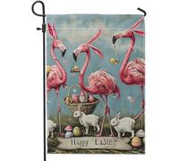 Drapeau de jardin flamant rose de Pâques, lapin, animal, œuf de Pâques tropical, naturel, drôle, bleu, rose, mini lourd épais pour la maison, la fête, l'intérieur et l'extérieur, la terrasse, la boîte