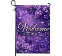 Drapeau de jardin fleuri, bienvenue élégant lilas, violet, violet, toile de jute double face, petit drapeau de jardin pour extérieur, pelouse, porche, terrasse, entrée 30,5 x 45,7 cm