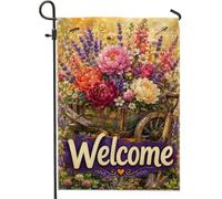 Drapeau de jardin fleuri, chariot rustique abeille, printemps, pêche, toile de jute double face, drapeaux décoratifs pour extérieur, terrasse, pelouse, porche, balcon, 30,5 x 45,7 cm