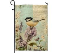 Drapeau de jardin fleuri et oiseau, mésange bleue sur lilas violet, bannière de décoration d'intérieur, double face en tissu pelouse, décoration extérieure, décorations de fête de jardin 30,5 x 45,7