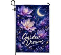 Drapeau de jardin fleuri, fantaisie, romantique, lune, étoiles, printemps violet, toile de jute double face, drapeaux décoratifs d'extérieur pour extérieur, terrasse, pelouse, porche, entrée, camping