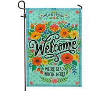 Drapeau de jardin fleuri, feuille fantaisiste de bienvenue bleu double face en toile de jute pour extérieur, terrasse, pelouse, porche, entrée, camping, 30,5 x 45,7 cm