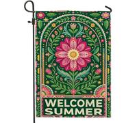 Drapeau de jardin fleuri, feuille florale d'été, soleil, vert d'été, toile de jute double face, petit drapeau de jardin pour extérieur, terrasse, pelouse, porche, entrée, camping 30,5 x 45,7 cm