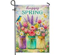 Drapeau de jardin fleuri, pot à oiseaux floral printanier, pêche, double face, en toile de jute, petit drapeau de jardin pour extérieur, terrasse, pelouse, porche, balcon 30,5 x 45,7 cm