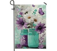 Drapeau de jardin fleuri, pot Mason floral fantaisiste violet printemps double face en toile de jute décorative pour extérieur, terrasse, pelouse, porche, balcon 30,5 x 45,7 cm