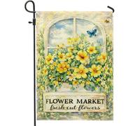 Drapeau de jardin fleuri, printemps naturel papillon fenêtre printemps toile de jute jaune double face drapeaux décoratifs pour extérieur, terrasse, pelouse, porche, entrée, camping 30,5 x 45,7 cm