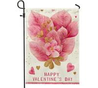 Drapeau de jardin fleuri, romantique, feuilles florales, cœurs, Saint-Valentin, pêche, toile de jute double face, drapeaux décoratifs pour extérieur, terrasse, pelouse, porche, entrée, camping 30,5 x
