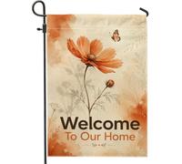Drapeau de jardin fleuri, tige de papillon naturelle en toile de jute orange double face pour extérieur, pelouse, porche, terrasse, entrée, 30,5 x 45,7 cm