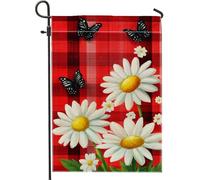 Drapeau de Jardin Floral à Carreaux Rouges Décor De Cour De Marguerite Blanche Décoration De La Maison Double Face Printemps Et Été Décoration De Fête De Pelouse En Plein Air 12x18