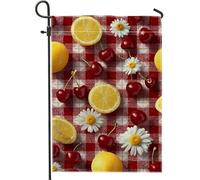 Drapeau de jardin floral avec cerises d'été et citron, bannière de décoration extérieure en vichy rouge, drapeau double face en toile de jute pour pique-nique, fête, décoration de pelouse, 30,5 x 45,7