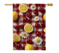 Drapeau de jardin floral avec cerises d'été et citron, bannière de décoration extérieure en vichy rouge, drapeau double face en toile de jute pour pique-nique, fête, décoration de pelouse, 71 x 101,6