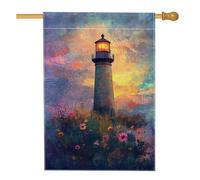 Drapeau de jardin floral avec phare au coucher du soleil, bannière de décoration d'intérieur d'été vibrante, décoration de pelouse double face pour fête de vacances, 71 x 101 cm