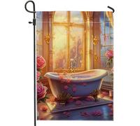 Drapeau de jardin floral - Baignoire de rêve - Belle fenêtre de fleur - Ciel botanique - Printemps - Orange et bleu - Décoration d'intérieur - Décoration murale d'extérieur - Patio - Jardin
