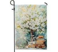 Drapeau de jardin floral blanc printemps été, beau cornouiller arbre vélos décoration d'intérieur drapeaux de cour, double face toile de jute décoration de pelouse 30,5 x 45,7 cm