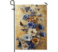 Drapeau de jardin floral bleu élégant, bannière de décoration extérieure à fleurs dorées, drapeau double face en toile de jute pour décoration de printemps et d'été, 30,5 x 45,7 cm