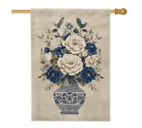 Drapeau de jardin floral bleu, élégant vase à fleurs de pivoine bannière de décoration extérieure, drapeau double face en toile de jute pour décoration de pelouse de printemps et été, 71,1 x 101,6 cm