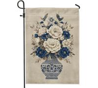 Drapeau de jardin floral bleu, élégant vase à fleurs de pivoine bannière de décoration extérieure, drapeau double face en toile de jute pour décoration de pelouse de printemps et été, 30,5 x 45,7 cm