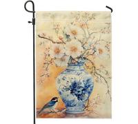 Drapeau de jardin floral bleu printemps été, vase élégant pour décoration d'intérieur, drapeaux de jardin, drapeau de cour double face en toile de jute, décoration de pelouse extérieure, 30,5 x 45,7
