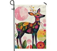 Drapeau de jardin floral coloré avec cerf, décoration printanière et été, drapeau de cour double face pour décoration de pelouse extérieure, thème de la nature artistique, décoration de fête de