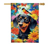 Drapeau de jardin floral coloré, beau motif chien et oiseau, bannière de décoration d'intérieur, drapeau de cour double face en toile de jute pour décoration extérieure printemps été 71 x 101,6 cm