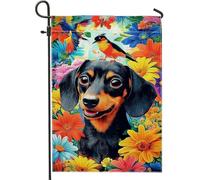 Drapeau de jardin floral coloré, beau motif chien et oiseau, bannière de décoration d'intérieur, drapeau de cour double face en toile de jute pour décoration extérieure printemps été 30,5 x 45,7 cm