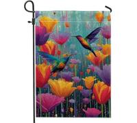 Drapeau de jardin floral coloré en forme de colibris - Bannière décorative double face pour décoration de pelouse de vacances - 30,5 x 45,7 cm