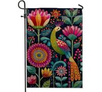 Drapeau de jardin floral coloré, paon vibrant et fleurs en fleurs, bannière de cour, drapeau décoratif double face pour décoration de pelouse extérieure, printemps, été, 30,5 x 45,7 cm