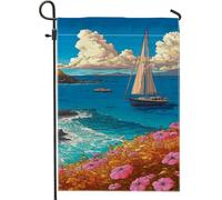 Drapeau de jardin floral côtier d'été, bateau à voile bleu océan pêche fleurs de pêche, bannière de décoration d'intérieur, drapeau de cour double face en toile de jute, décoration de pelouse
