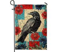 Drapeau de jardin floral d'automne, fleurs rouges audacieuses et corbeau noir, bannière double face en toile de jute pour décoration saisonnière 30,5 x 45,7 cm